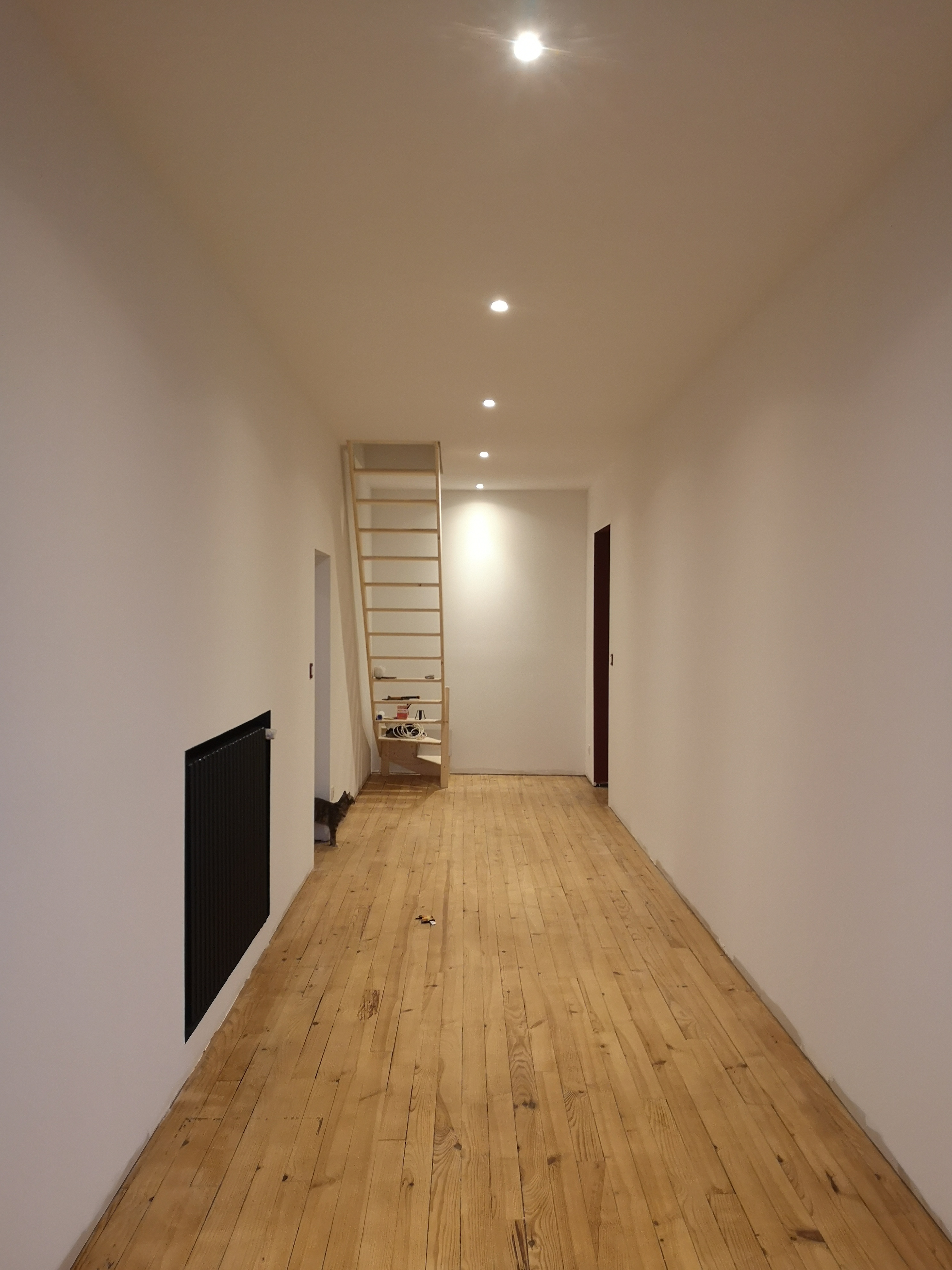 Rénovation d’un long couloir avec peinture, parquet ancien et spots encastrés